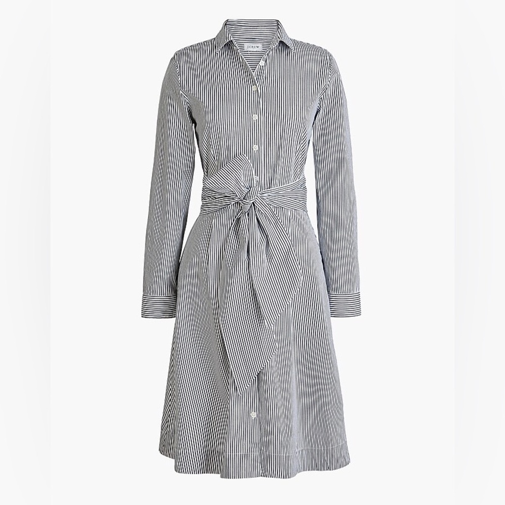 J. Crew Tie-Waist Shirt-Dress with Navy/White Stripes in cotton poplin, Size 2 - Picture 2 of 6